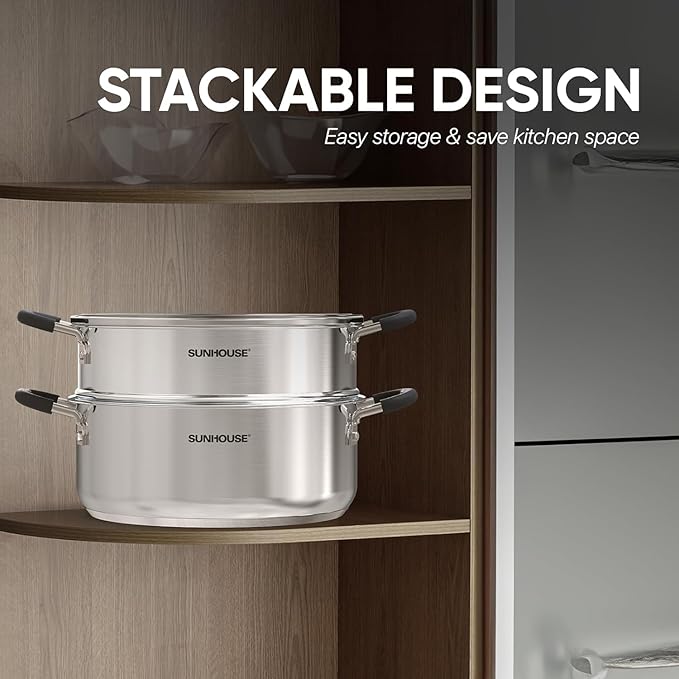 SUNHOUSE - 4.6 Quart Steamer Pots With Lid 2-Tier Multipurpose Stainless Steel Steaming Pot Cookware With Handle For Vegetable, Dumpling, Sauce, Food - Triple Bottom, Measurement Line