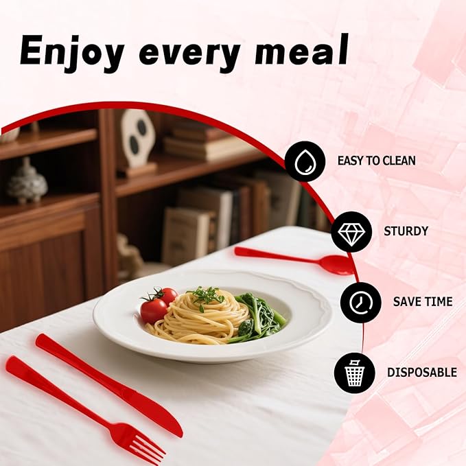 150 Pack Disposable Plastic Silverware, Heavy Duty Red Plastic Cutlery Set Includes 50 Forks 50 Knives 50 Spoons for Birthday Wedding Party Picnics (150, Red)