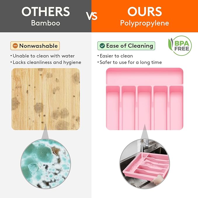 Lifewit Silverware Drawer Organizer, Expandable Utensil Tray for Kitchen, BPA Free Flatware and Cutlery Holder, Adjustable Plastic Storage for Spoons Forks Knives, Large, Pink