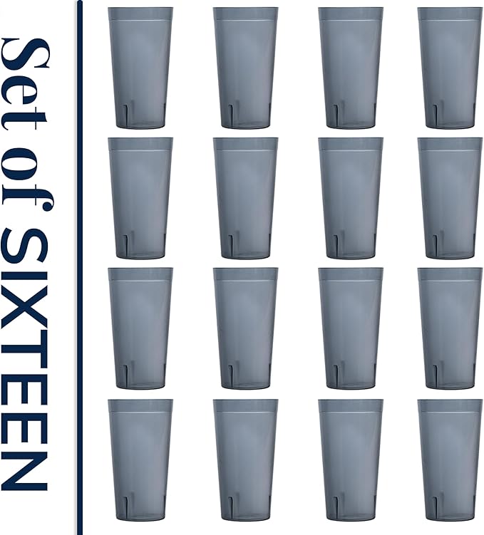US Acrylic Cafe Plastic Reusable Tumblers (Set of 16) 20-ounce Water Cups in Grey | Value Set of Restaurant Style Drinking Glasses, Stackable, BPA-free, Made in the USA | Top-rack Dishwasher Safe