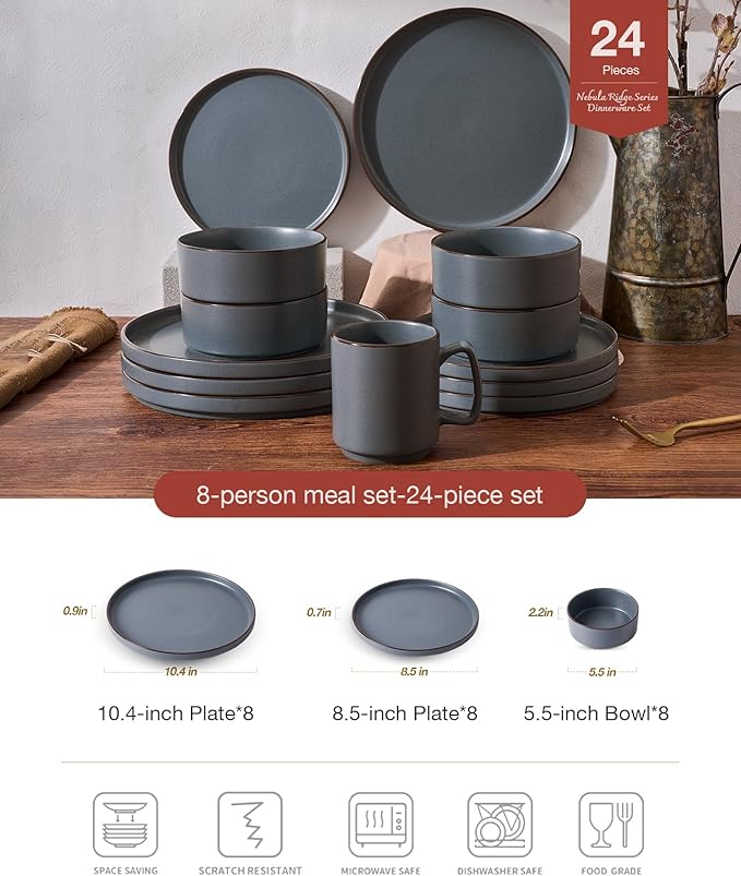 Famiware Nebula Ridge Stoneware Dinnerware Sets for 8, 24 Pieces Plates and Bowls Sets, Dishes Set, Microwave and Dishwasher Safe Kitchen Plates, Charcoal