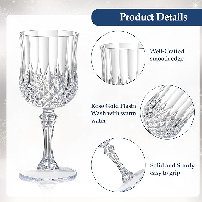 XUWAIDSGN 48 Pcs 7oz Plastic Vintage Wine Glasses Drinking Glasses Unbreakable Wedding Glassware Crystal Water Goblets Reusable Drinkware Vintage Champagne Flutes (48, Clear)