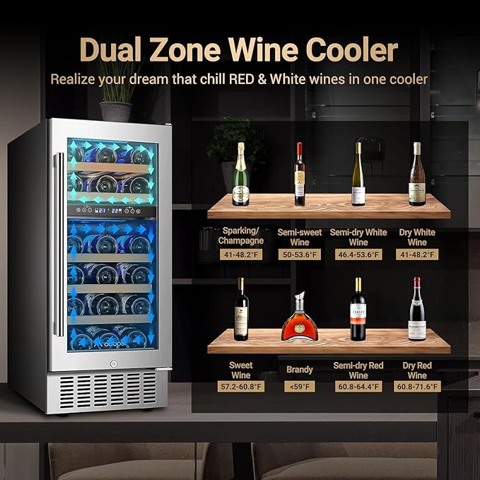 AAOBOSI 15 Inch 28 Bottles Wine Fridge,41-68°F Dual Zone Wine Cooler, Visualized Temperature Regulation, Designed For Large Wine Bottles, 5 Adjustable Shelves,Temperature Memory Function