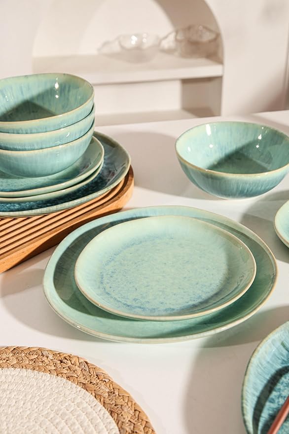 Decosignature Modern Plates and Bowls Sets 12-Piece Ceramic Dinnerware Set for 4 Blue Kitchen Plates and Bowls Microwave Dishwasher and Oven Safe Stackable Tableware Dinnerware Sets for Everyday Use