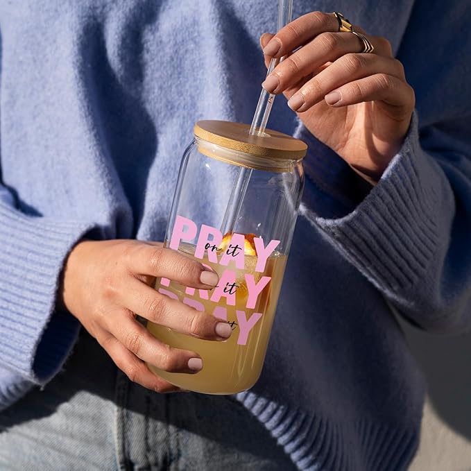 Pray on It Pink Tumbler - 16oz Iced Coffee Cup with Lid and Straw, Birthday and Valentine’s Gift for Pink Lovers, Women Friends and Coworkers