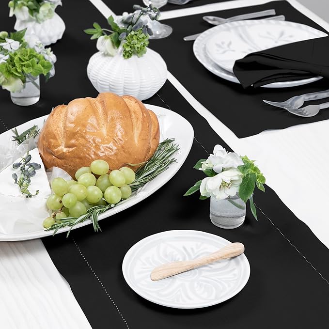 Solino Home Linen Black Table Runner 144 Inches Long - 100% Pure Linen Extra Long Table Runner 14 x 144 Inch for Holiday, New Year - Classic Hemstitch