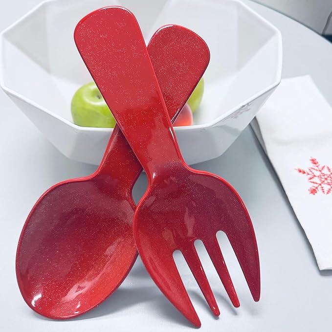 UPware Twinkle Dust Melamine Salad Servers, Serving Utensil Set, Includes Serving Fork and Spoon for Tossing Salad, Pasta, Christmas Decorations, Red, 10.75 Inch, Set of 2