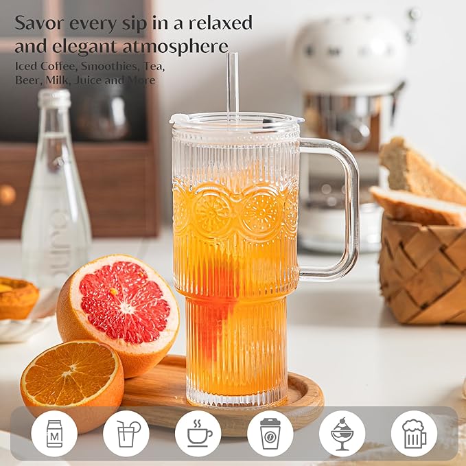 INSETLAN 26oz Ribbed & Floral Glass Tumblers with Handle and Lid, Set of 2 –Reusable Iced Coffee Cups with Straw, Glass Mugs for Water, Smoothies, Tea, and Juice – Ideal for Travel & Daily Use