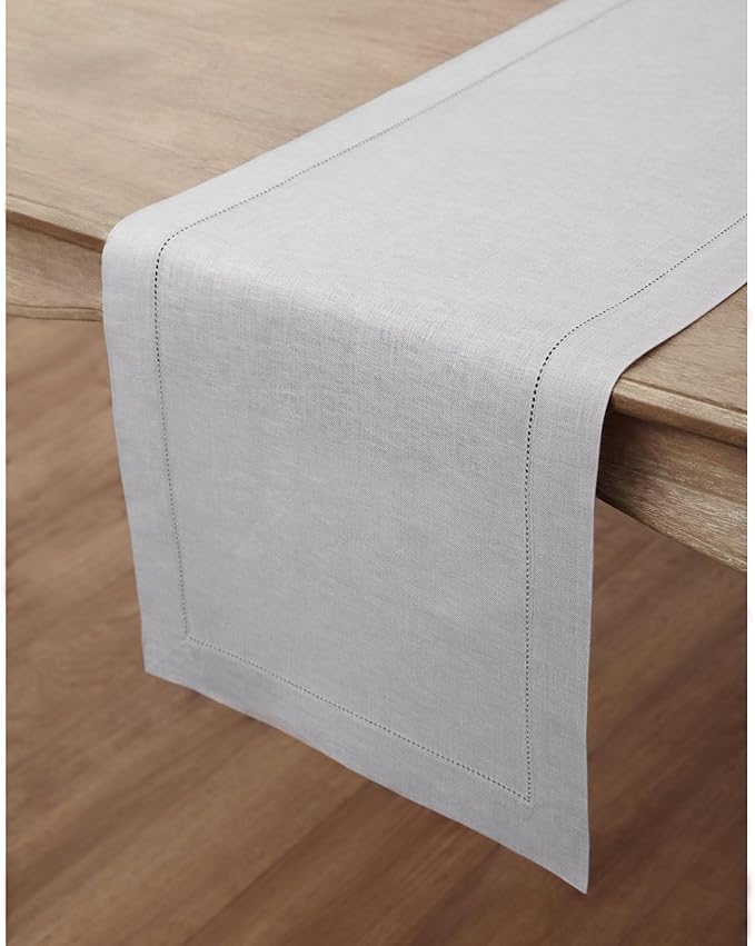 Solino Home Linen Soft Grey Table Runner 60 Inches - Classic Hemstitch, 100% Pure Linen Coffee Table Runner 14 x 60 Inch Ideal for Dresser Tables - New Year