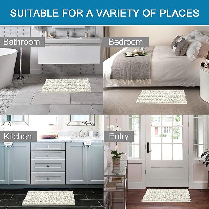 H.VERSAILTEX Bath Mats for Bathroom Non Slip Thick Chenille Striped Bath Rug Absorbent Fluffy Soft Shaggy Rugs Washable Dry Fast Plush Mats for Indoor, Bath Room, Tub - 17" x 24", Cream