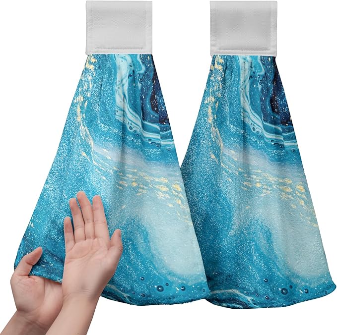 Blue Marble Hanging Hand Towels Set of 2 Summer Ocean Kitchen Towel with Loop Blue Sea Decorative Bathroom Tie Towels Soft Lightweight Dish Towel for Kitchen Home Washroom Decor 17 * 12 Inch