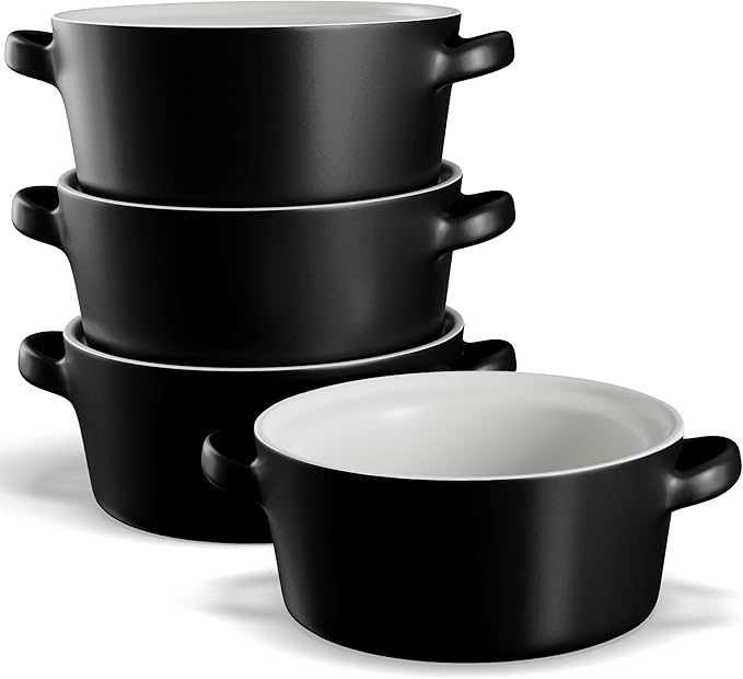Kook Soup Crocks, Ceramic Stackable Bowls, Broil, Oven, Microwave and Dishwasher Safe, with Handles, For Casserole, Pasta, Cereal, Capacity 18 oz, Set of 4, (Matte Black)