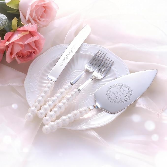 4 Piece Wedding Cake Cutting Set, Knife and Server with Forks, Elegant Wedding Cake Knife and Server Set for Bride and Groom(Pearl Handle Silver)