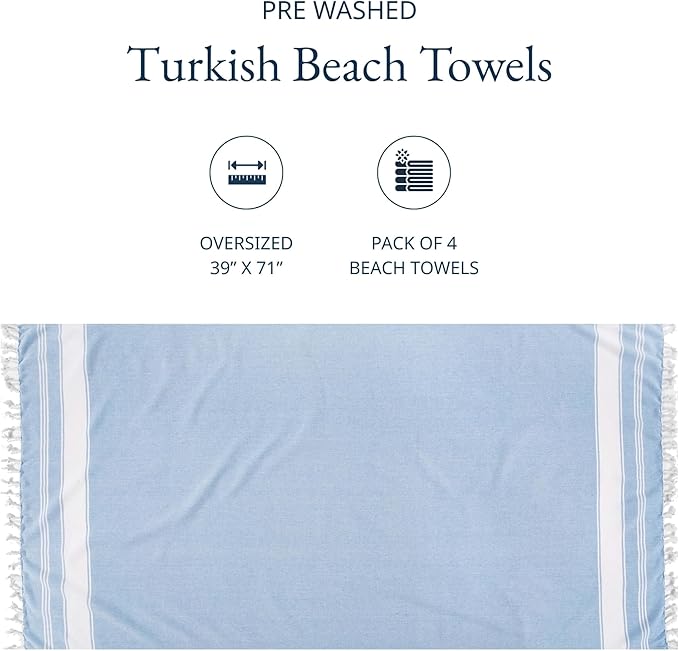 LANE LINEN Beach Towel 4 Pack, Oversized Beach Towels for Adults, Lightweight Travel Beach Towels, Pre-Washed for Soft Hand Feel, Quick Dry Beach Towels, 39"x71" - Sky Blue