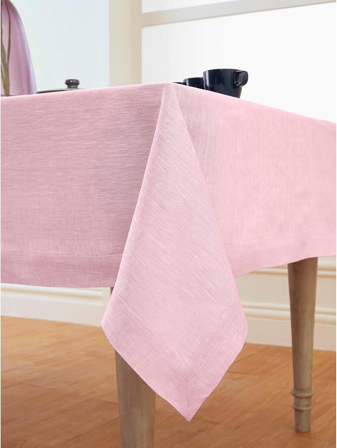Solino Home Linen Tablecloth 60 x 132 Inch - 100% Pure Linen Bubblegum Pink Table Cloth for Rectangle Tables - Athena, Machine Washable Tablecloth for Christmas