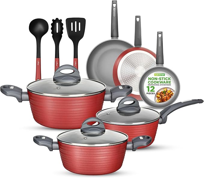 NutriChef 12-Piece Nonstick Kitchen Cookware Set-PTFE/PFOA/PFOS-Free Heat Resistant Lacquer Kitchen Ware Pots Pan Set Dark Gray/Red- Saucepot, Pans, Cooking Pot Oven Pot, Lid, Utensil - NCCW12RED