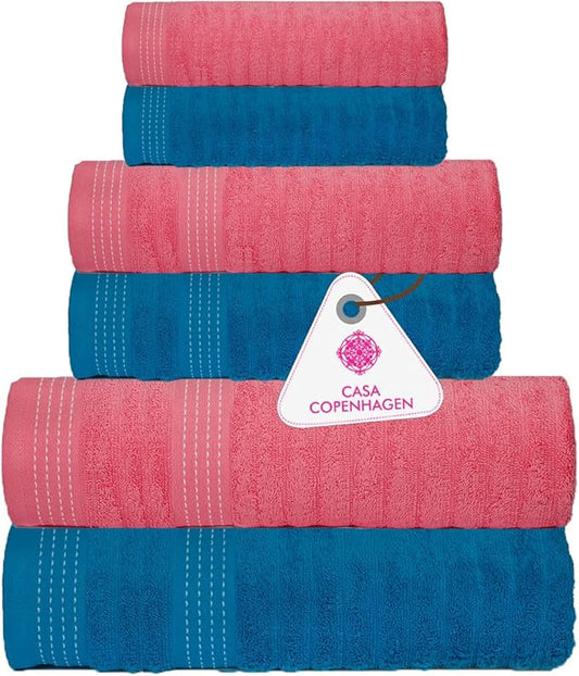 CASA COPENHAGEN Elegance 6 Pieces Ribbed Towels Set, Teal + Pink, 550 GSM, 2 Bath Towel 2 Hand Towel 2 Washcloths, Super Soft Egyptian Cotton for Bathroom, Kitchen & Shower