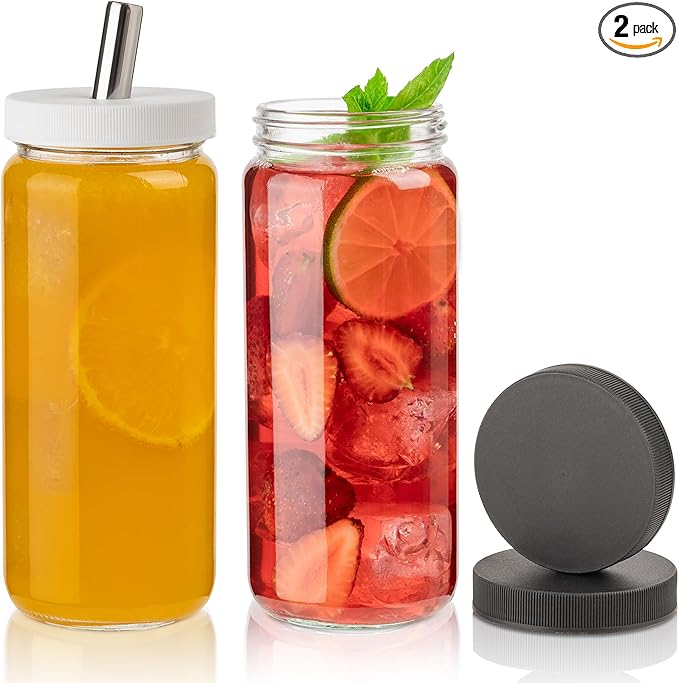 Glass Juice Bottles with Lids and Straws, 16 Oz - Set of 2 Reusable Clear Cups - For Drinking Smoothie, Iced Coffee, Juicing, Matcha, Water, Kombucha and More