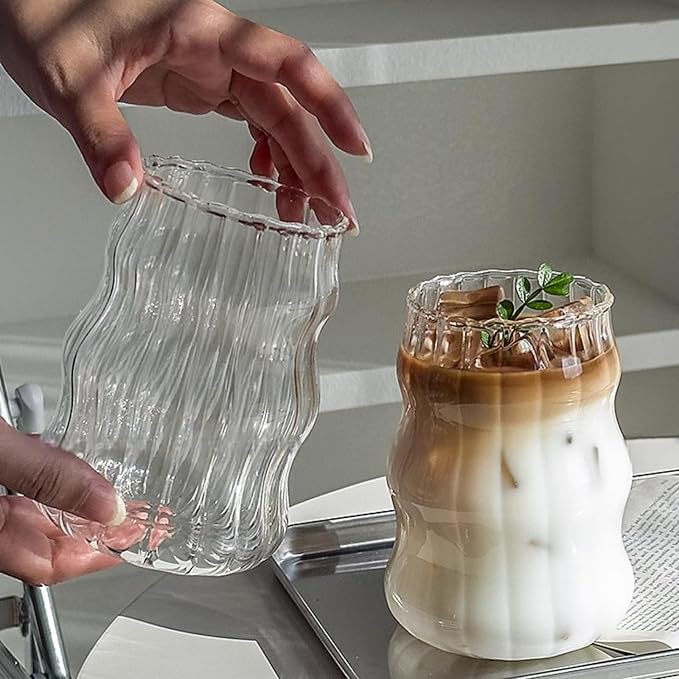Ribbed Glass Cup 18 Oz Vintage Drinking Glassware Creative Ripple Glasses for Iced Coffee Juice Beverage Milk Cocktail Cute Wavy Glass Cups