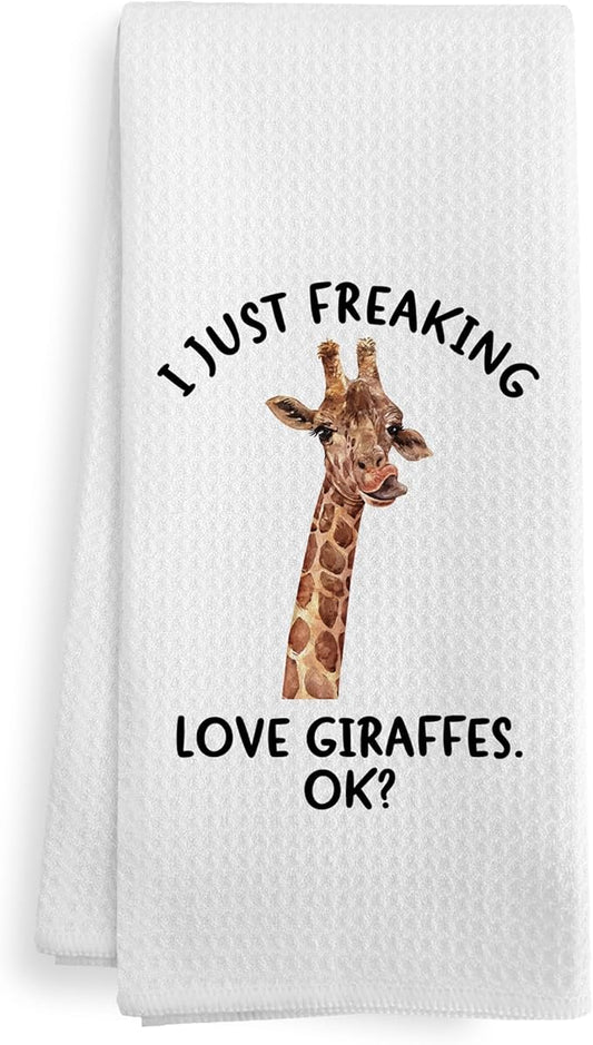 Funny Giraffe Kitchen Towels Gifts, Woodsy Giraffe Cabin Bathroom Decor for Home, Cute I Just Freaking Love Giraffes Decor Dish Hand Tea Towels for Bathroom Kitchen, 16x24 Inches