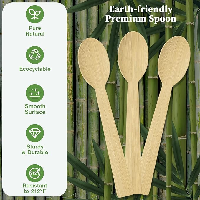ECOLipak 300 Count Bamboo Spoons Disposable, 6.7 Inch No Splinters Heavy Duty Bamboo Disposable Compostable Spoons for Party, Wedding, Camping, Traveling, Family Dinners, Large Events