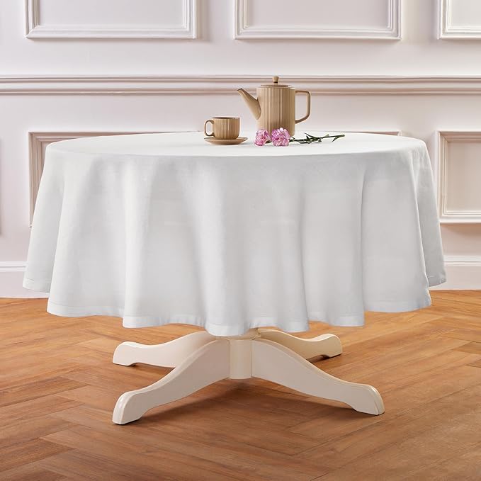 Solino Home Linen 60 Inch Round Tablecloth - 100% Pure Linen White Round Tablecloth - Machine Washable Table Cloth for Valentines, Holiday, New Year - Sonoma Hemstitch