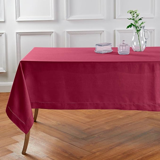 Solino Home Beet Linen Tablecloth 60 x 108 Inch - 100% Pure Linen Hemstitch Table Cloth for Rectangle Tables - Classic Hemstitch, Machine Washable Tablecloth for Valentines, Winter, New Year