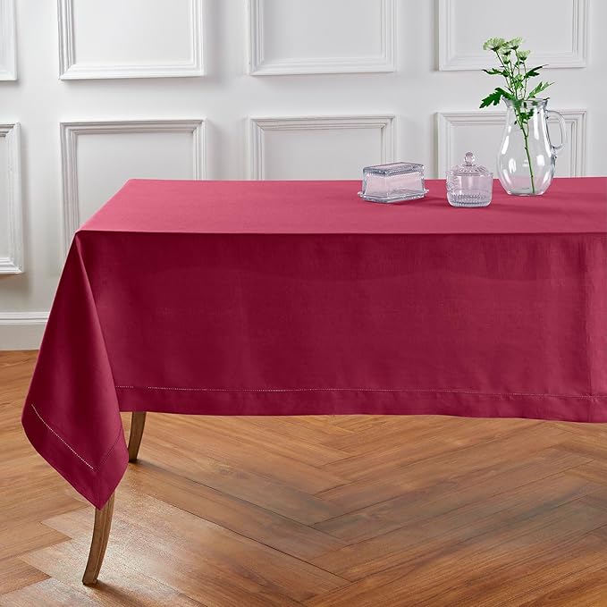 Solino Home Beet Linen Tablecloth 60 x 90 Inch - 100% Pure Linen Hemstitch Table Cloth for Rectangle Tables - Classic Hemstitch, Machine Washable Tablecloth for Valentines, Winter, New Year