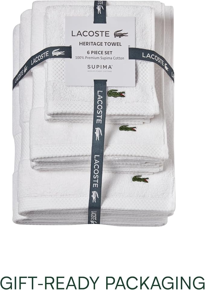 Lacoste Heritage Supima Cotton 6-Piece Towel Set, 2 Bath Towels, 2 Hand Towels, 2 Washcloths, White – Highly Absorbent & Quick Drying, Bathroom Essential, Machine Washable
