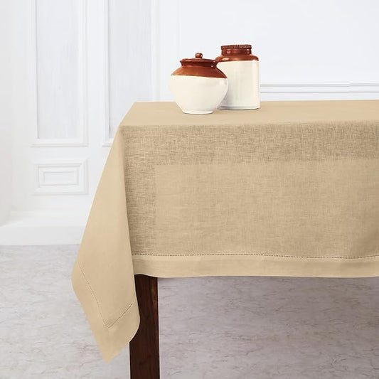 Solino Home Linen Tablecloth for Rectangle Tables 60 x 108 Inch - Classic Hemstitch 100% Pure Linen Beige Table Cloth - Machine Washable Cloth Tablecloth for New Year