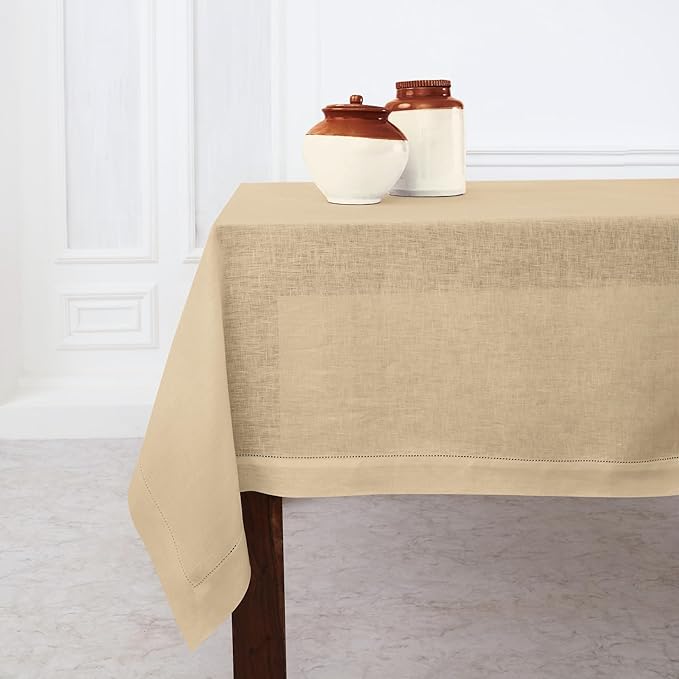 Solino Home Linen Square Tablecloth 52 x 52 Inch - 100% Pure Linen Beige Table Throw - Classic Hemstitch, Machine Washable Table Cloth