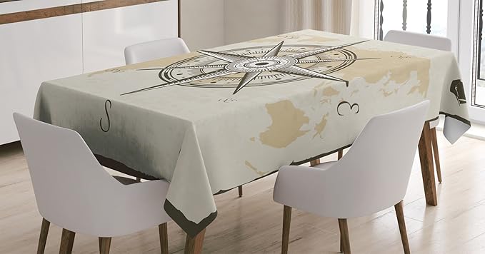 Ambesonne Compass Tablecloth, Nautical Compass on Background Old Map with Torn Border Frame Illustration Print, Rectangular Table Cover for Dining Room Kitchen Decor, 60" X 84", Brown Beige