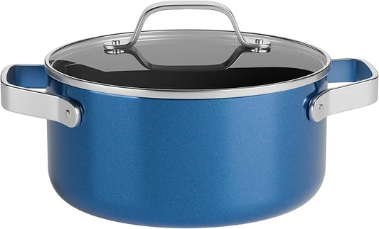 Bakken 8.5 Quart Ceramic Coated Stock Pot with Lid, Easy Clean Nonstick Pot, Tempered Glass Lid, Riveted Stainless Steel Handles, Oven Safe Up To 500°F, PTFE & PFAS Free, All Stove Compatible, Blue