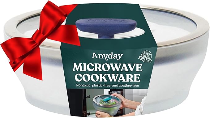 Anyday 4-Cup Microwave Cookware & Glass Container with Glass Lid, Plastic-Free Shallow Food Storage | Stackable Airtight Steamer with Vented Lid for Microwave-Safe Reheating, Steaming Vegetables