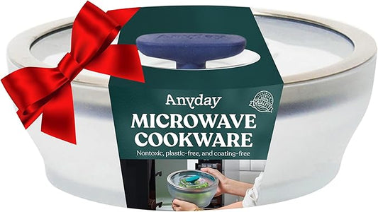 Anyday 4-Cup Microwave Cookware & Glass Container with Glass Lid, Plastic-Free Shallow Food Storage | Stackable Airtight Steamer with Vented Lid for Microwave-Safe Reheating, Steaming Vegetables