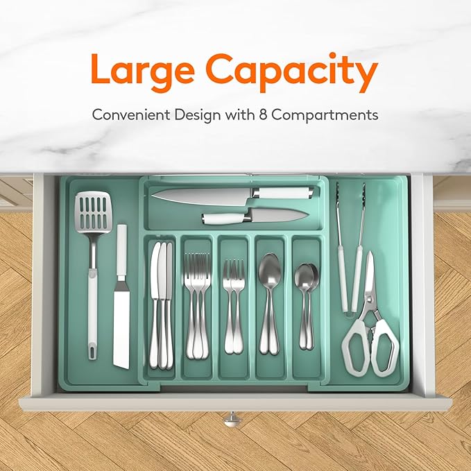 Lifewit Silverware Drawer Organizer, Expandable Utensil Tray for Kitchen, BPA Free Flatware and Cutlery Holder, Adjustable Plastic Storage for Spoons Forks Knives, Large, Turquoise