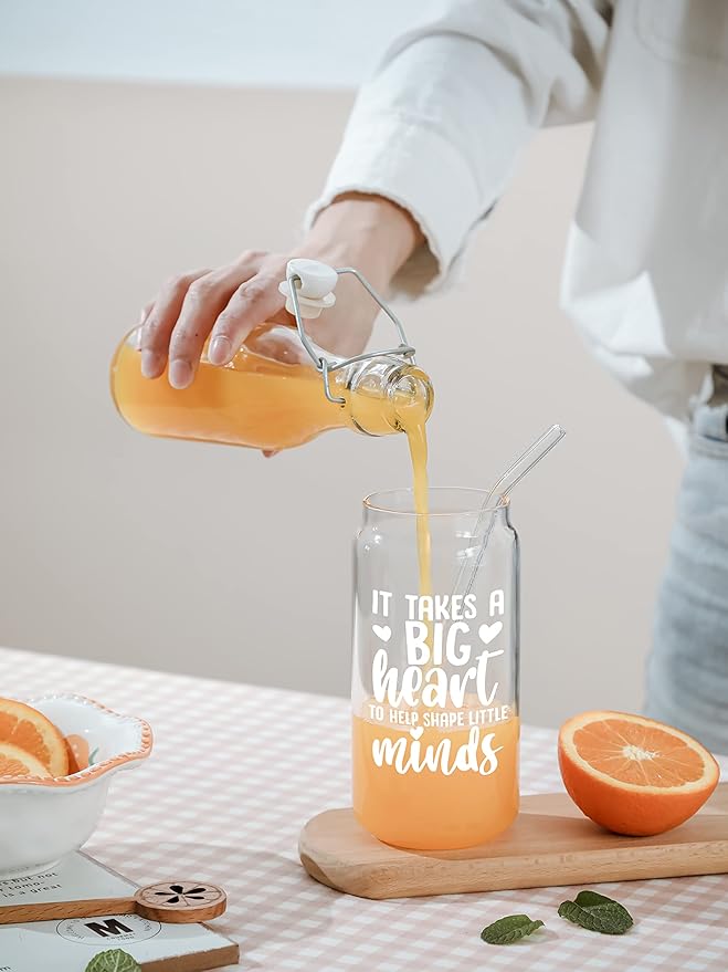 Christmas Teacher Appreciation Gifts, 16oz Glass Cup with Straw and Lid, Thanksgiving Teacher Gifts for Women, Christmas Teachers Appreciation Week, Birthday, Back To School,Retirement