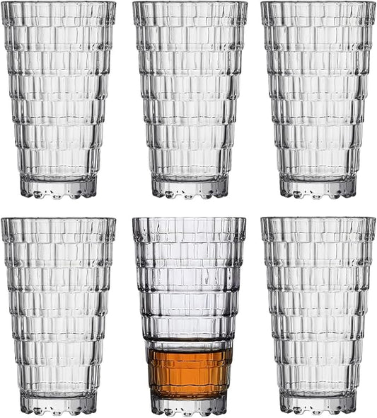 Vintage Drinking Glasses Set of 6, Mojito Glass Cups Stackable Water Tumbler, for Beer, Cocktail, Whiskey, Juice & Mixed Drinks. (15 OZ)