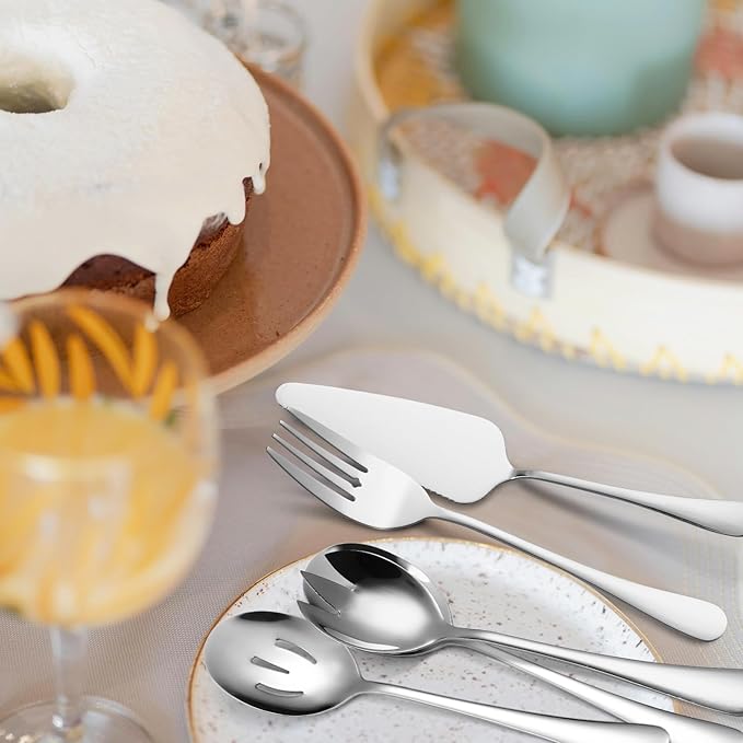 Stainless Steel Serving Utensil Set 10-Piece Buffet Flatware Catering Silverware with Bread Tong,Cake Spatula,Serving Ladles,Salad Fork,Cheese Knife,Large Spoon for Parties Buffet