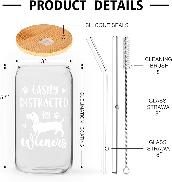 SteadStyle Christmas Dachshund Gifts for Women, Dog Lovers - Glass Drink Cup with Bamboo Lid & Straw (16oz), Birthday Mothers Day Gift For Dackel Owners & Puppy Lovers, Weiner Dog Gifts for Women Mom