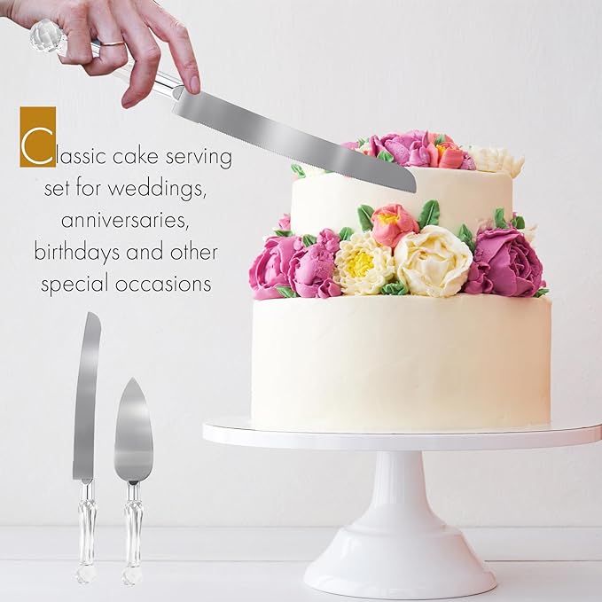 Wedding Cake Knife and Server Set, Cake Cutter and Pie Spatula, Cake Server and Knife Set of 2 with Crystal Handles, 1.2mm Thick Blades, Cutting Set for Birthdays, and Parties (Crystal Silver)