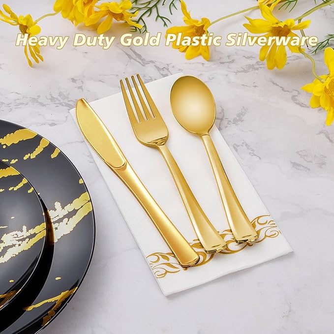 Goodluck 500PCS Gold Plastic Silverware, Gold Utensils Disposable, Plastic Cutlery Set of 200 Forks, 150 Spoons, 150 Knives for Wedding, Party, Birthday, Holidays