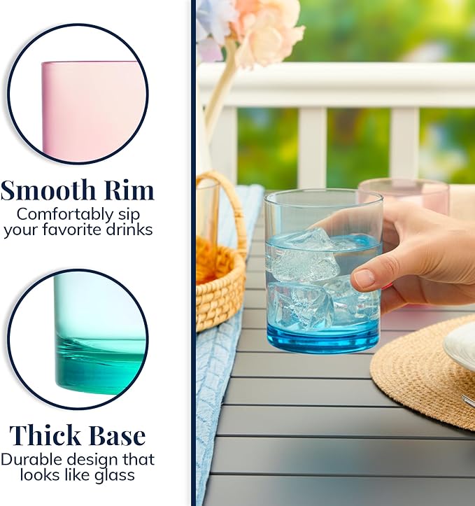 US Acrylic Classic Plastic Reusable Drinking Glasses (Set of 6) 12oz Rocks Cups Assorted Colors | BPA-Free Tumblers, Made in USA | Top-Rack Dishwasher Safe