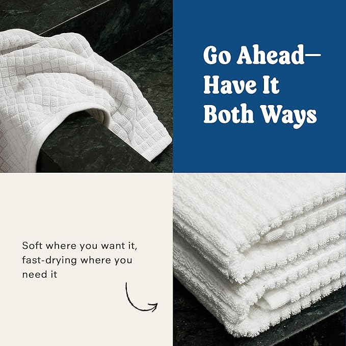 ONSEN Terry Cotton Waffle Bath Towel Set – 2 Pack Luxury, Quick Dry & Absorbent Bathroom Towels – Soft, Lightweight, Durable Large Towels for Everyday Use & Bathroom Essentials (White, 28x55 in)