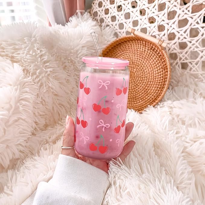 Cherry 16 Oz Can Glass Tumbler with Acrylic Lid and Straw - Iced Coffee Cups for Women, Aesthetic Glass Cup Gift for Birthday Christmas