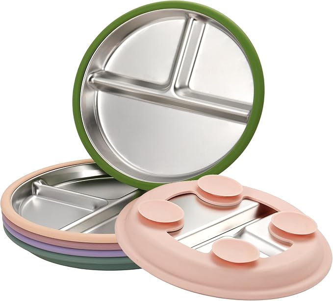 3Pack Stainless Steel Kids Plates, 8.1" Divided Kids Plate with Removable Silicone Suction Sleeves for Baby Highchairs, Non Toxic BPA Free Non-Slip Unbreakable Snack Lunch Plates