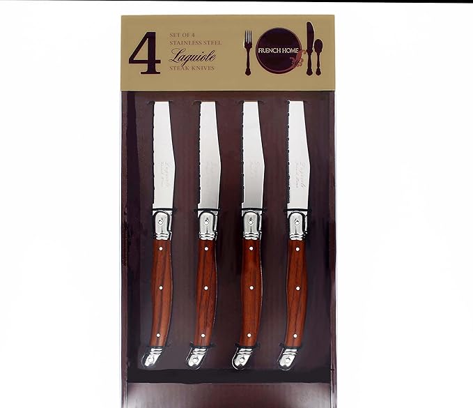 French Home Laguiole 4-Piece Steak Knife Set – Sophisticated Stainless Steel Dinner Knives with Wood Grain Handles & Iconic Bee Emblem – Serrated Knives for Smooth Cutting (9.25")