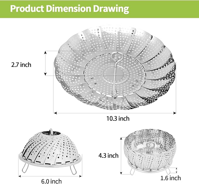 6-10.3" Expandable Steamer Basket for Cooking - 3rd Gen Stainless Steel Folding Steamer (Fits All 6"+ Pots), Fish Vegetables Pasta Eggs