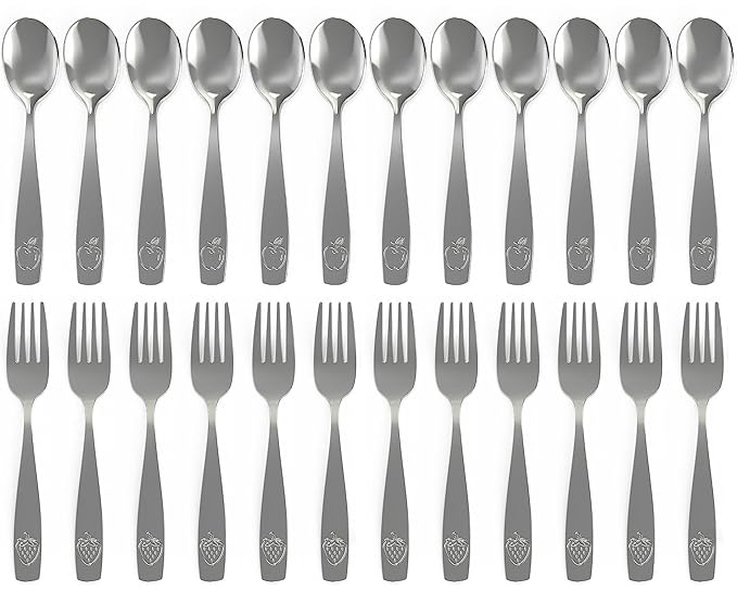 CHILLOUT LIFE Stainless Steel Kids Silverware Set 24 Pieces (2 Pack of 12) - Child and Toddler Safe Flatware - Kids Utensil Set - Metal Kids Cutlery Set (Includes 12 Small Kids Spoons & Kids 12 Forks)