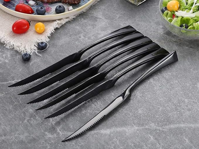 Lemeya Stainless Steel Black Steak Knives Set of 6,Forge Steak Knife,Serrated Steak Knives Set,6 Piece Heavy Steak Knives-10 inch,Mirror Polished,Dishwasher Safe